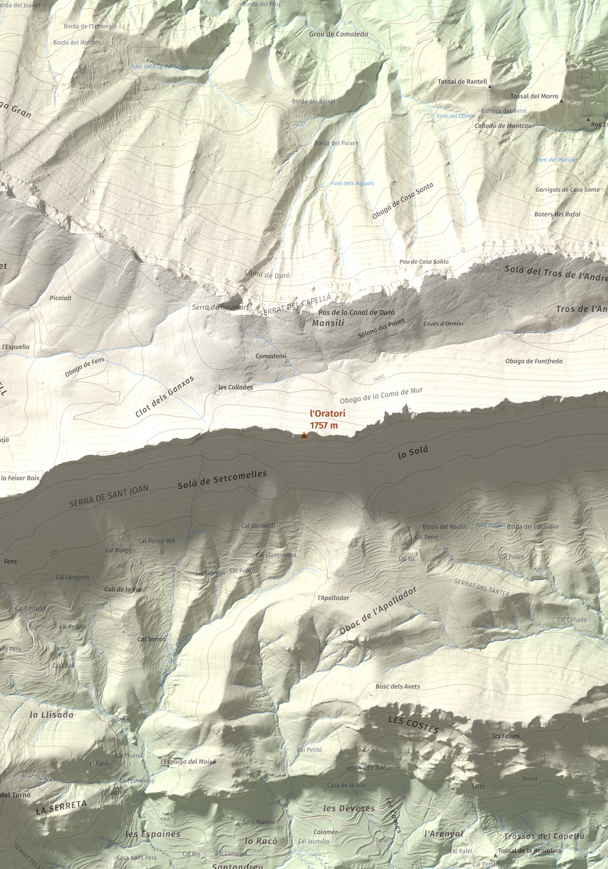 Mapa de relieve de l'Oratori, 1757 m, Alt Urgell, lámina 100 Cims de Trobart. Detalle de la zona central. 70 × 100 cm.