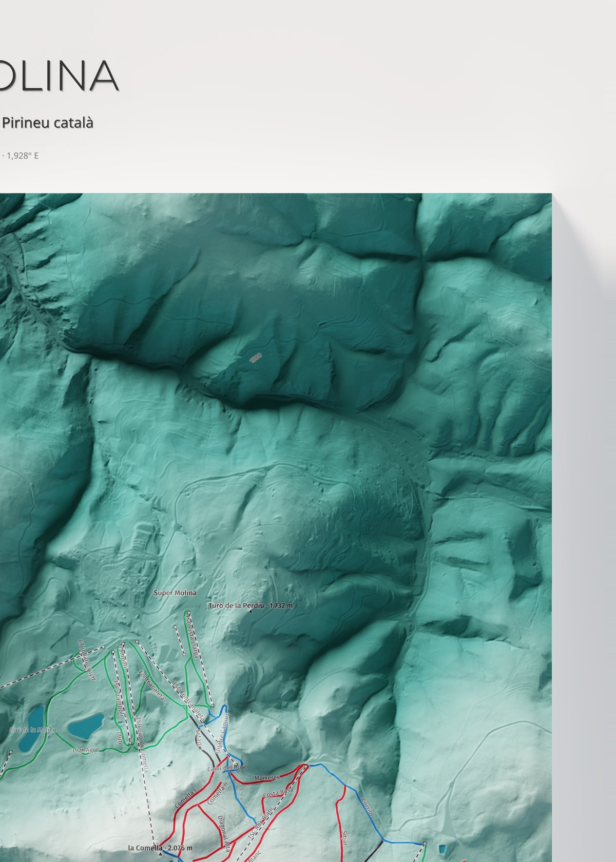 Mapa de pistes de La Molina · Alpina · 50 × 70 cm. Detall del quadrant superior dret.