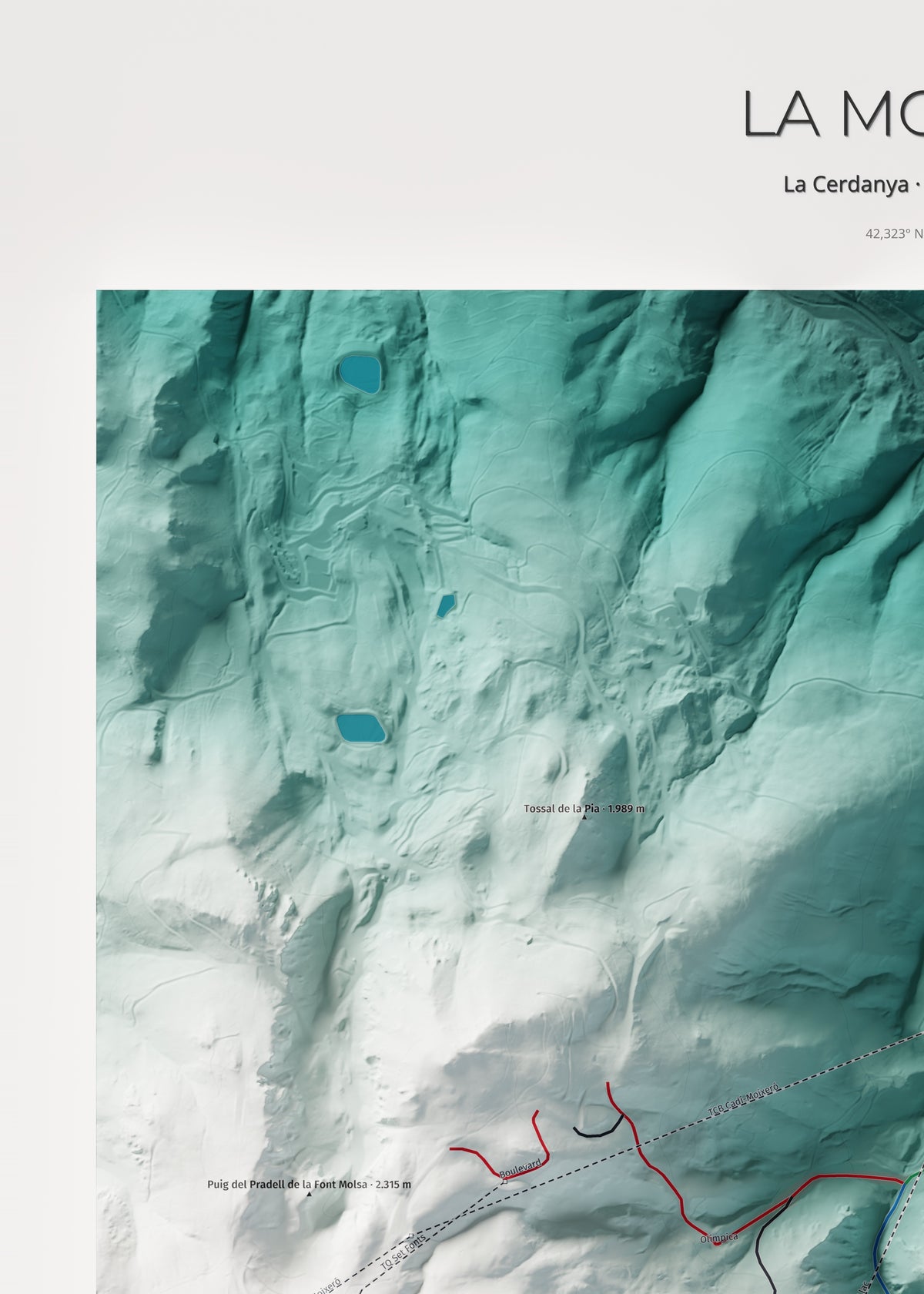 Mapa de pistes de La Molina · Alpina · 50 × 70 cm. Detall del quadrant superior esquerre.
