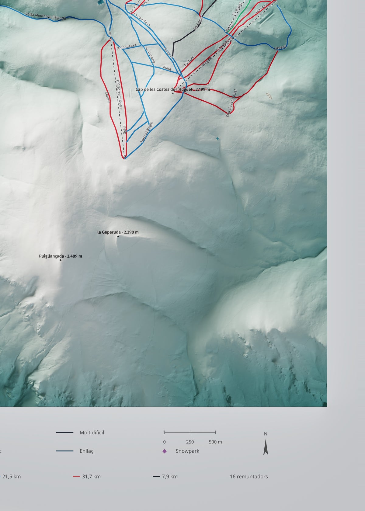 Mapa de pistes de La Molina · Alpina · 50 × 70 cm. Detall del quadrant inferior dret.