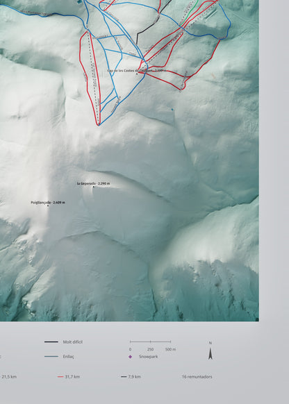Mapa de pistes de La Molina · Alpina · 50 × 70 cm. Detall del quadrant inferior dret.