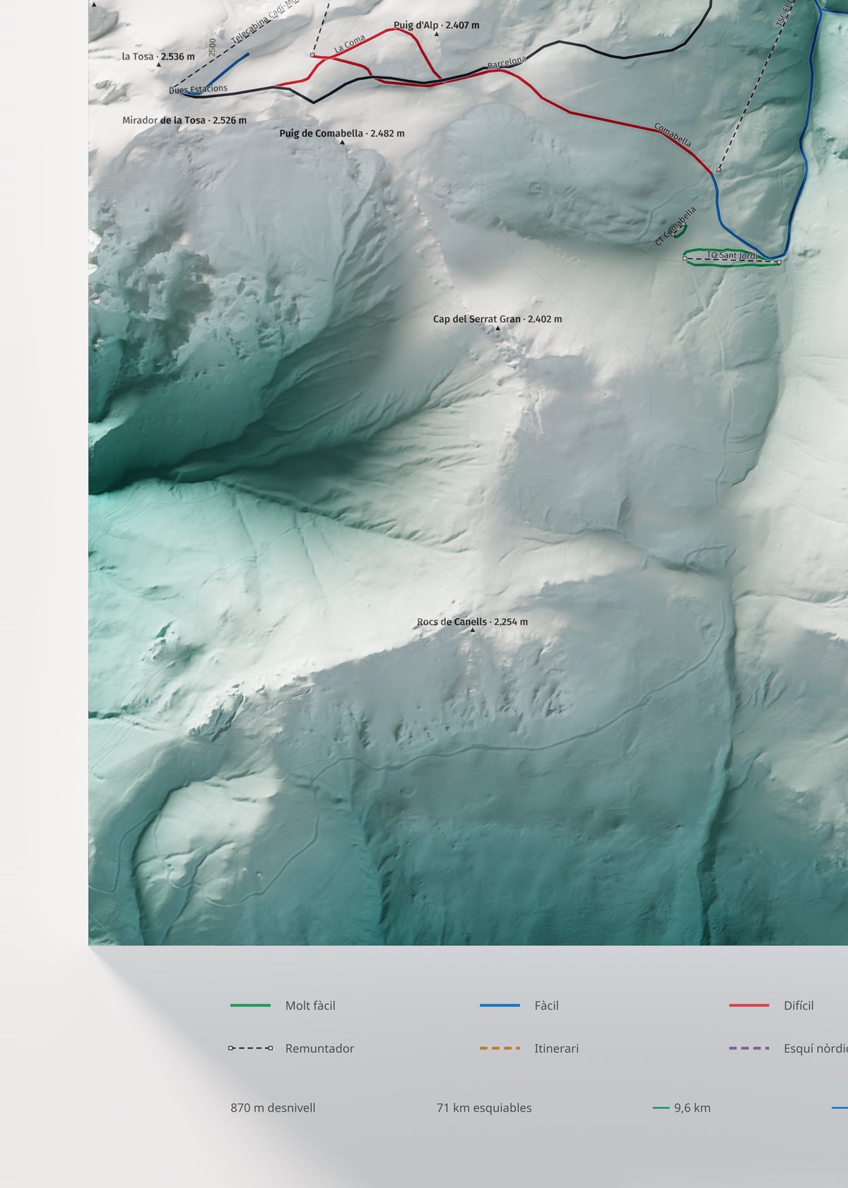 Mapa de pistes de La Molina · Alpina · 50 × 70 cm. Detall del quadrant inferior esquerre.
