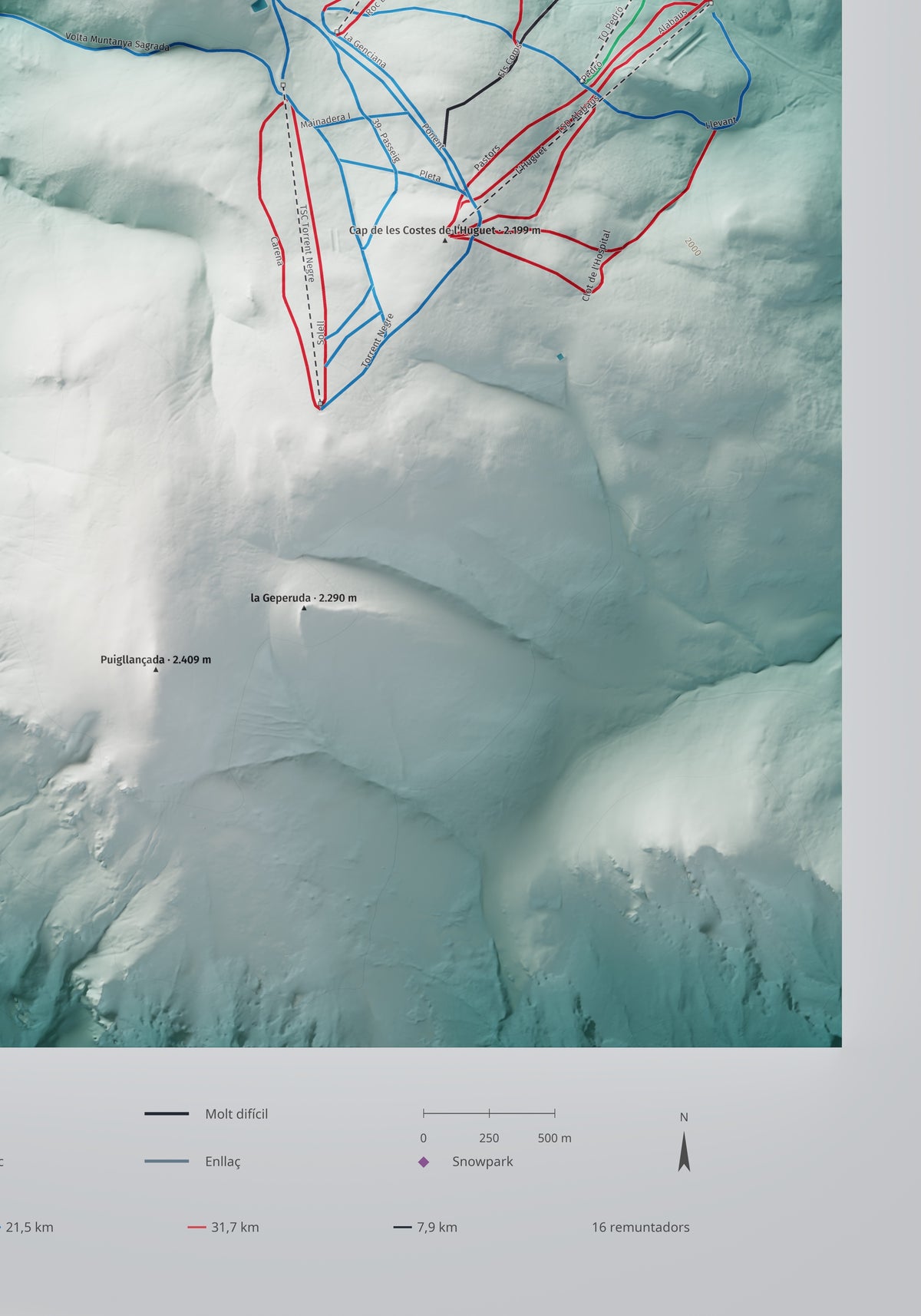 Mapa de pistes de La Molina · Alpina · 70 × 100 cm. Detall del quadrant inferior dret.