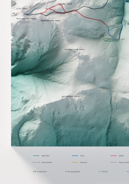 Mapa de pistes de La Molina · Alpina · 70 × 100 cm. Detall del quadrant inferior esquerre.
