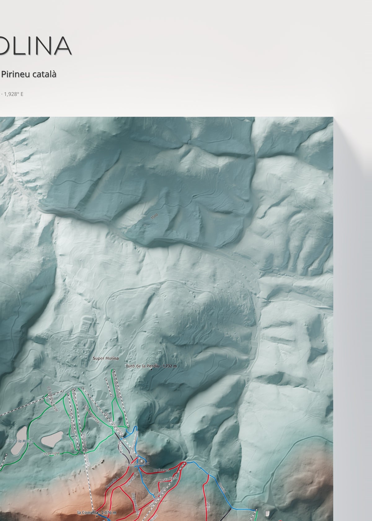 Mapa de pistes de La Molina · Contrastat · 50 × 70 cm. Detall del quadrant superior dret.