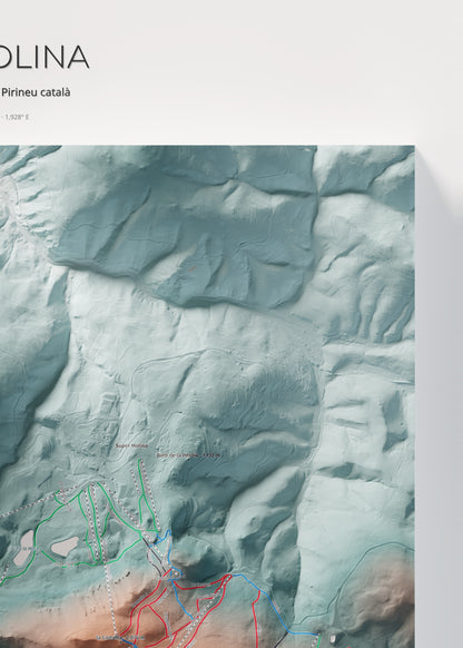 Mapa de pistes de La Molina · Contrastat · 50 × 70 cm. Detall del quadrant superior dret.