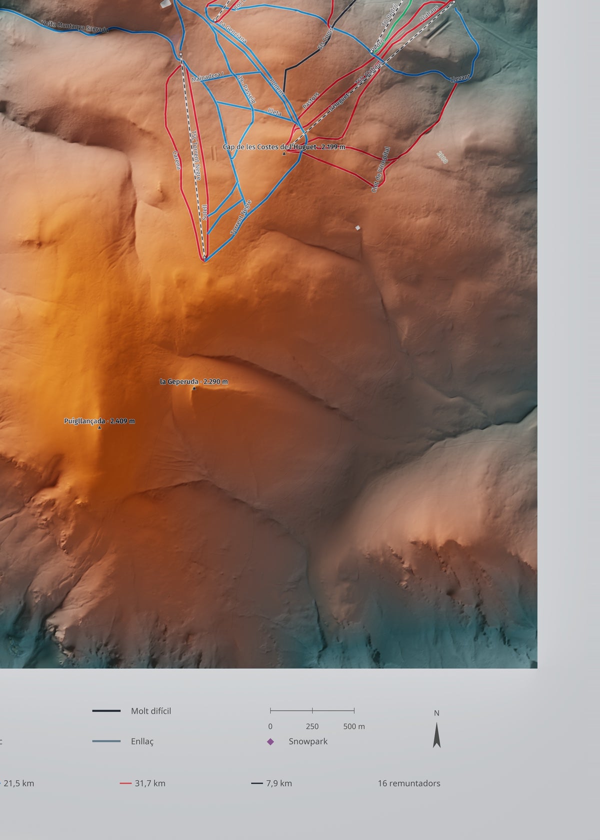 Mapa de pistes de La Molina · Contrastat · 50 × 70 cm. Detall del quadrant inferior dret.