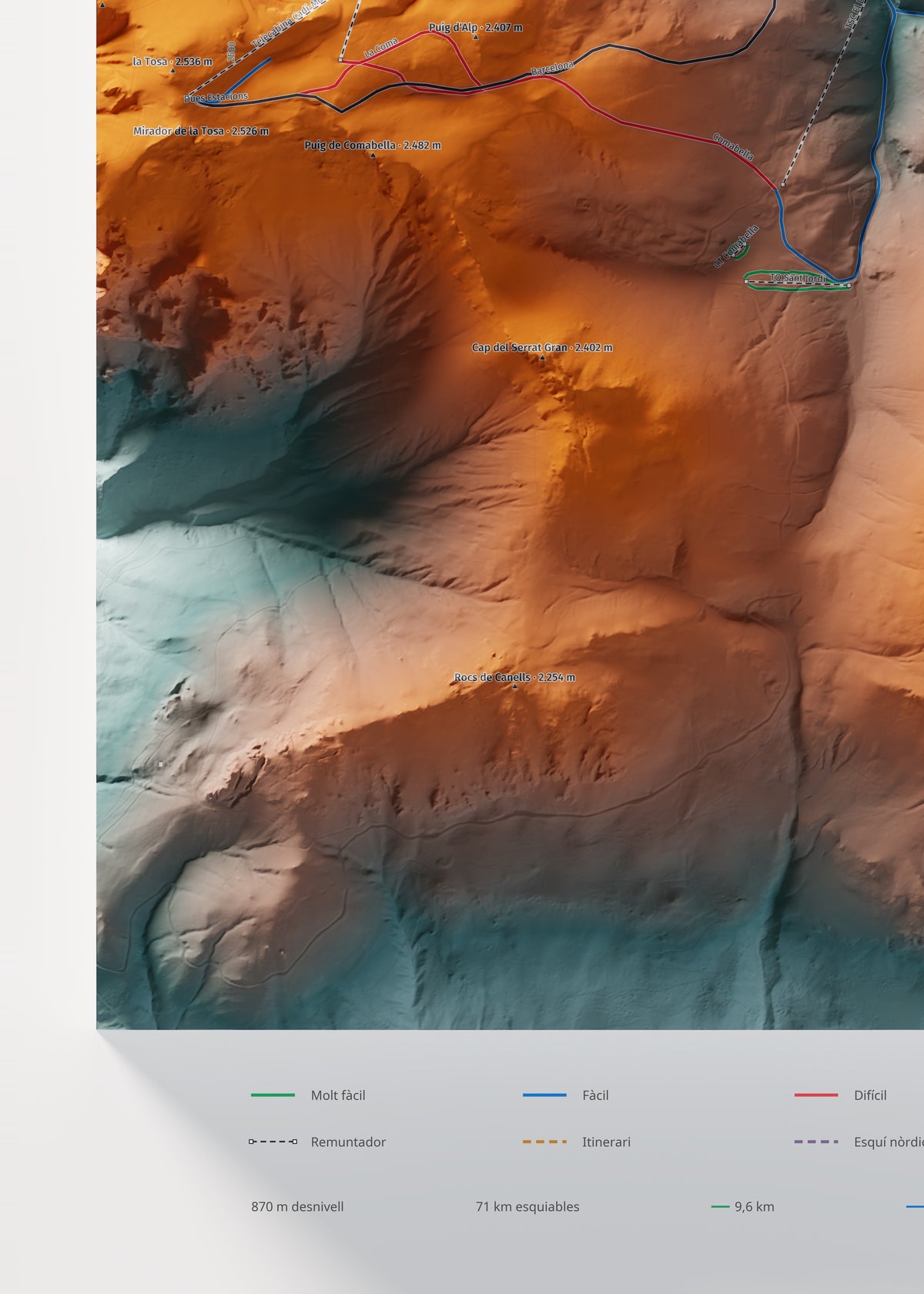Mapa de pistes de La Molina · Contrastat · 50 × 70 cm. Detall del quadrant inferior esquerre.