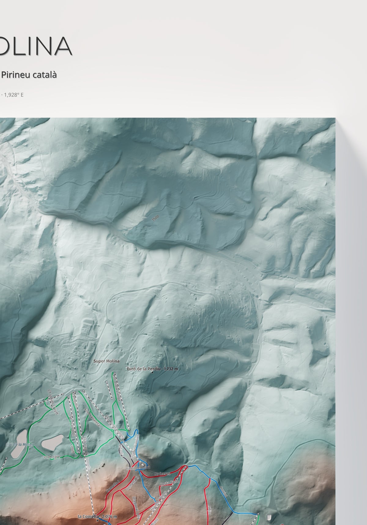 Mapa de pistes de La Molina · Contrastat · 70 × 100 cm. Detall del quadrant superior dret.