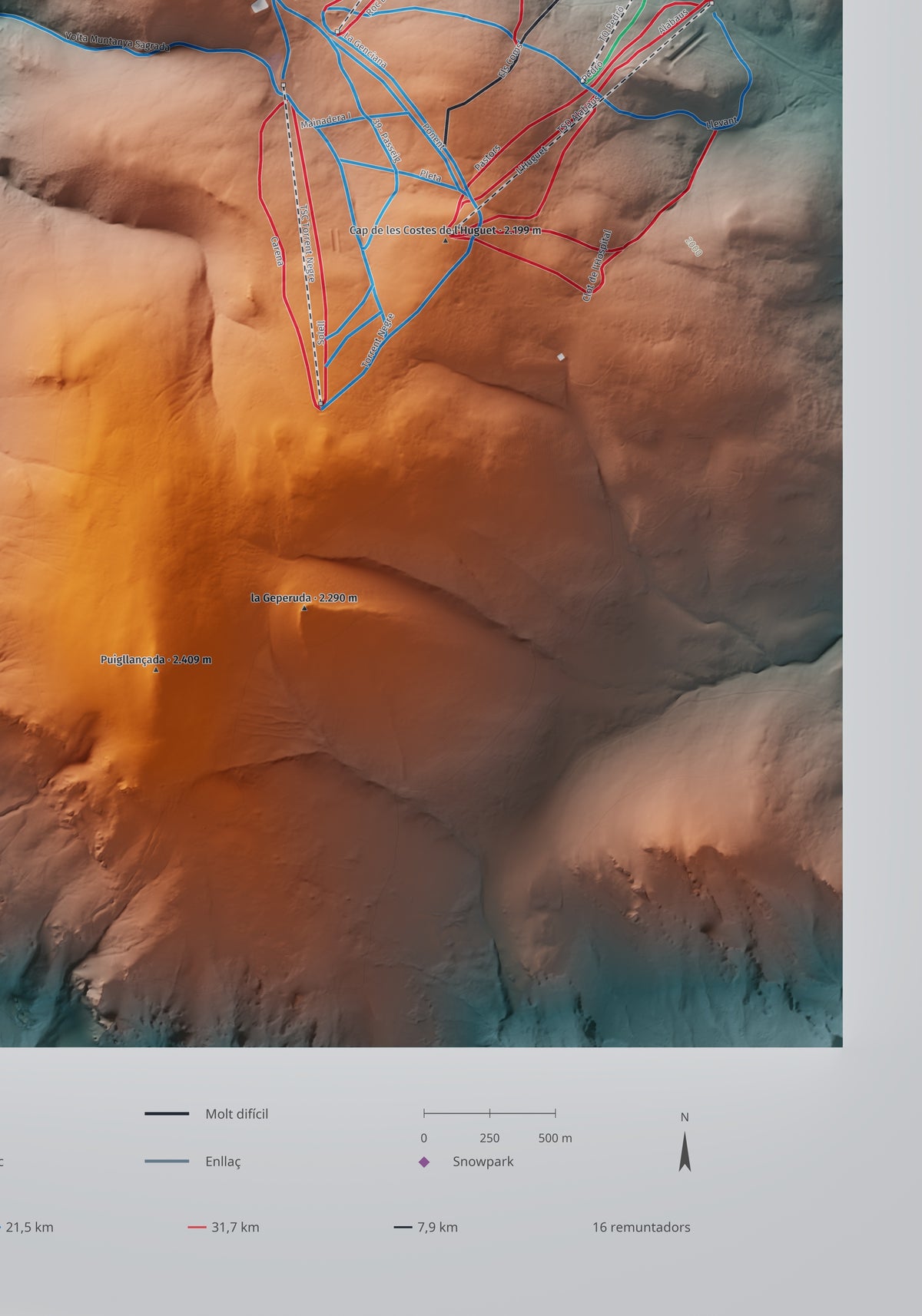 Mapa de pistes de La Molina · Contrastat · 70 × 100 cm. Detall del quadrant inferior dret.