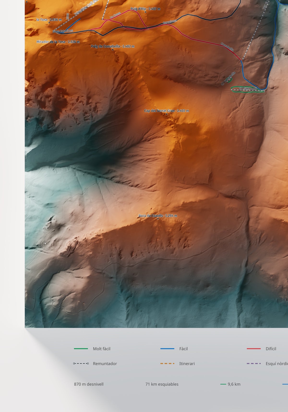 Mapa de pistes de La Molina · Contrastat · 70 × 100 cm. Detall del quadrant inferior esquerre.