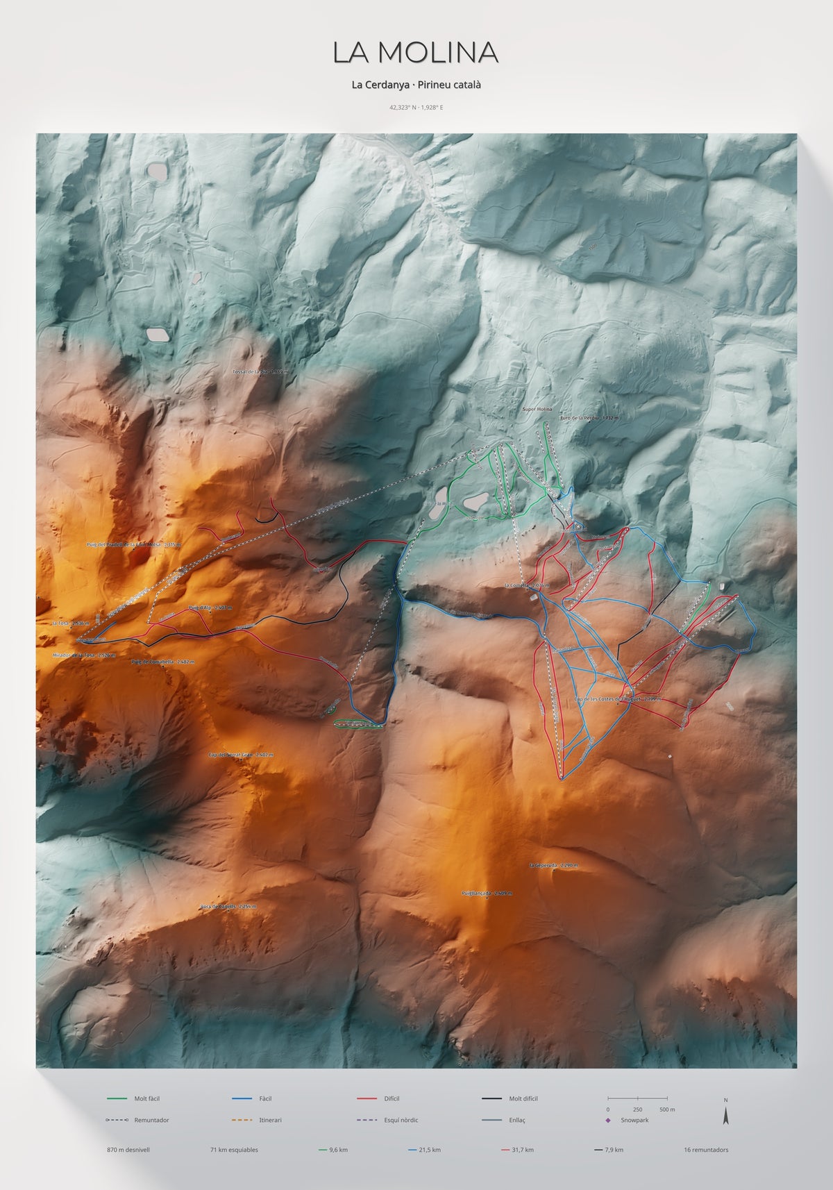 Mapa de pistes de La Molina · Contrastat · 70 × 100 cm. Làmina sencera.