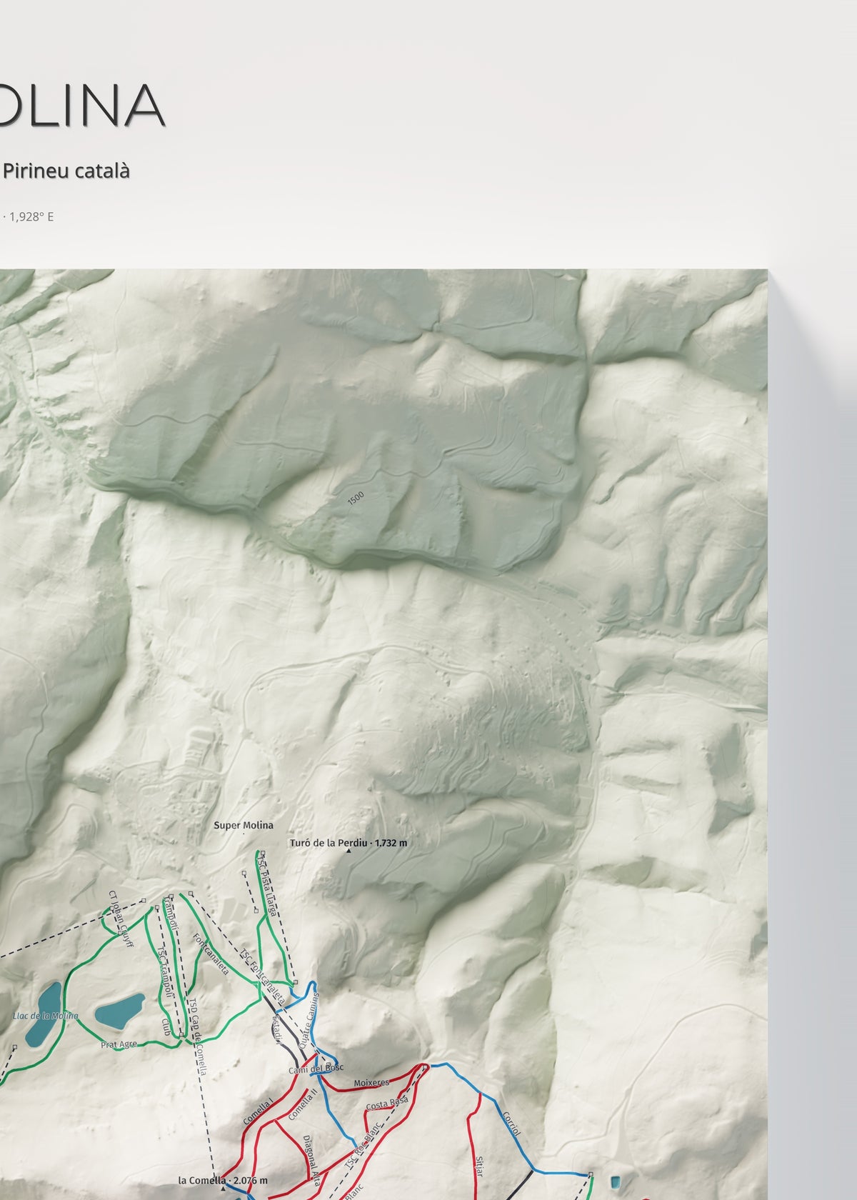 Mapa de pistes de La Molina · Cartogràfic · 50 × 70 cm. Detall del quadrant superior dret.