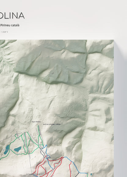 Mapa de pistes de La Molina · Cartogràfic · 50 × 70 cm. Detall del quadrant superior dret.