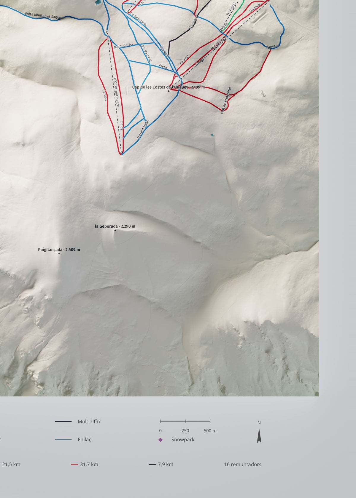 Mapa de pistes de La Molina · Cartogràfic · 50 × 70 cm. Detall del quadrant inferior dret.