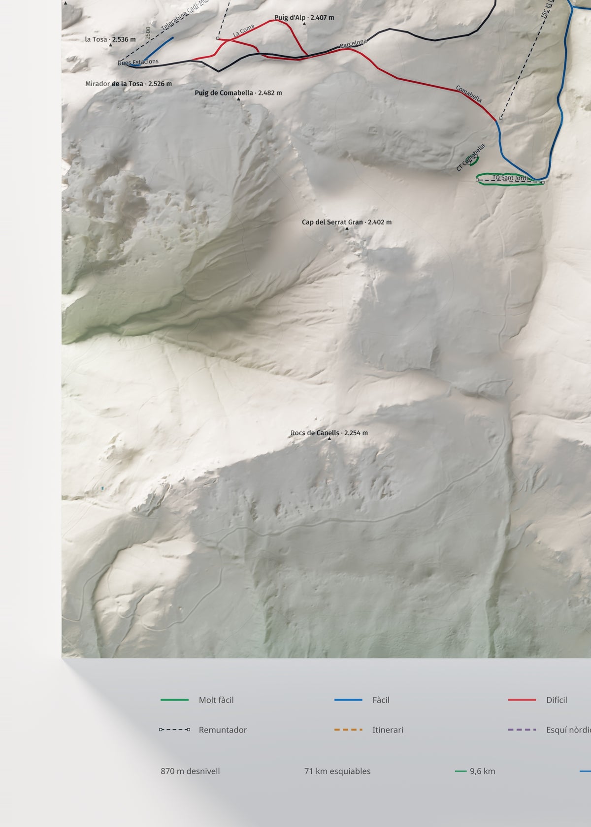 Mapa de pistes de La Molina · Cartogràfic · 50 × 70 cm. Detall del quadrant inferior esquerre.