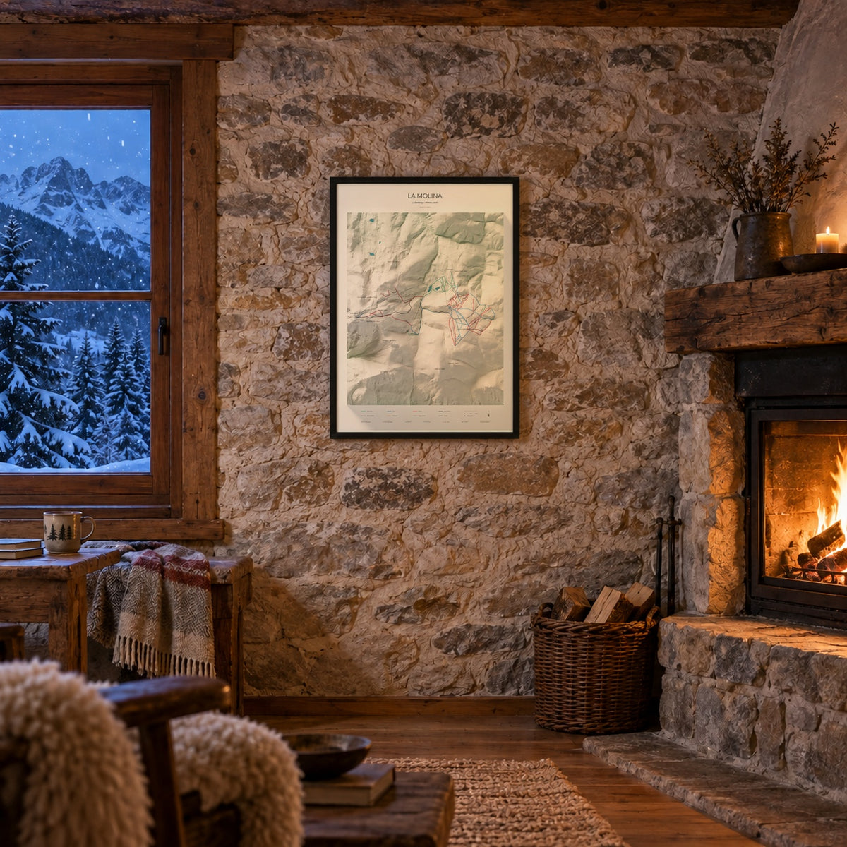 Mapa de pistes de La Molina · Cartogràfic · 50 × 70 cm. Làmina emmarcada a la paret de pedra d’un refugi amb llar de foc.