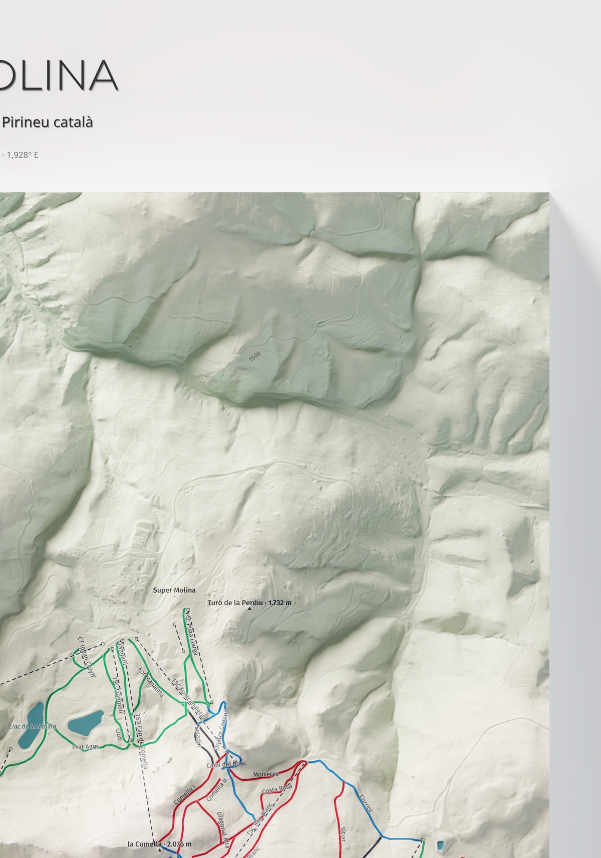 Mapa de pistes de La Molina · Cartogràfic · 70 × 100 cm. Detall del quadrant superior dret.
