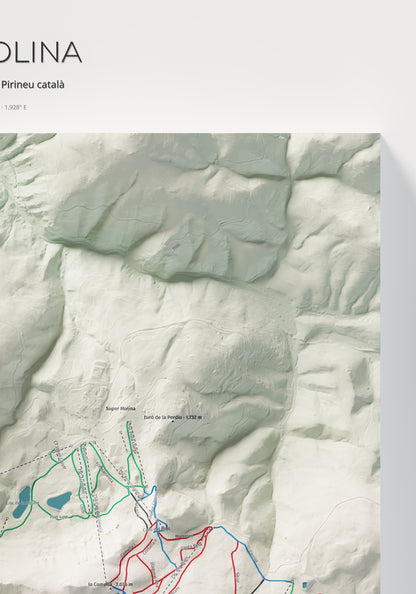 Mapa de pistes de La Molina · Cartogràfic · 70 × 100 cm. Detall del quadrant superior dret.