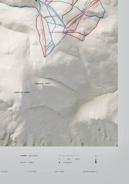 Mapa de pistes de La Molina · Cartogràfic · 70 × 100 cm. Detall del quadrant inferior dret.
