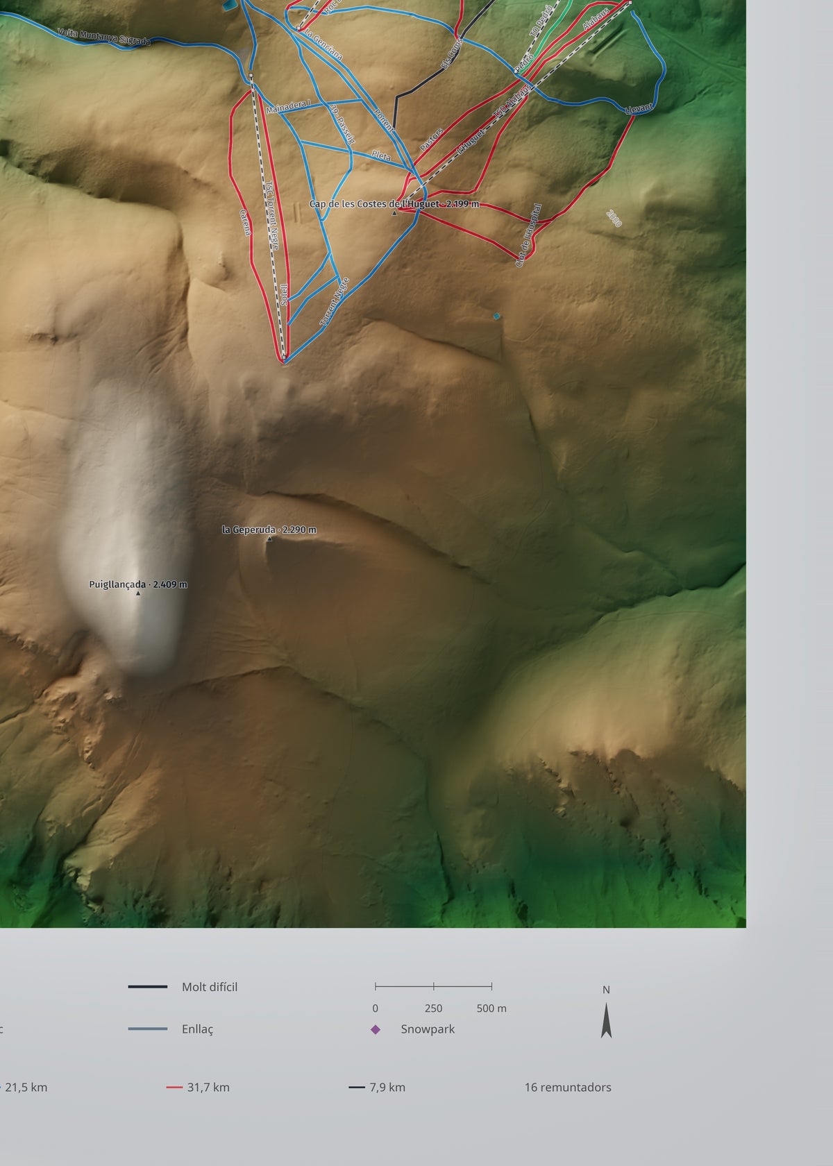 Mapa de pistes de La Molina · Clàssic · 50 × 70 cm. Detall del quadrant inferior dret.