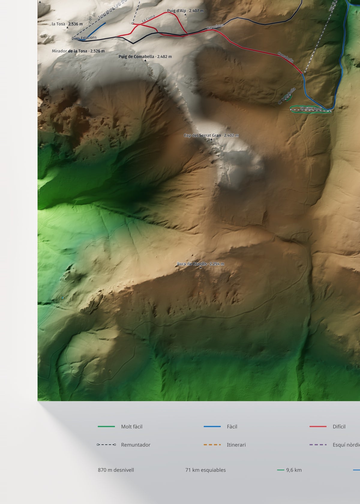 Mapa de pistes de La Molina · Clàssic · 50 × 70 cm. Detall del quadrant inferior esquerre.