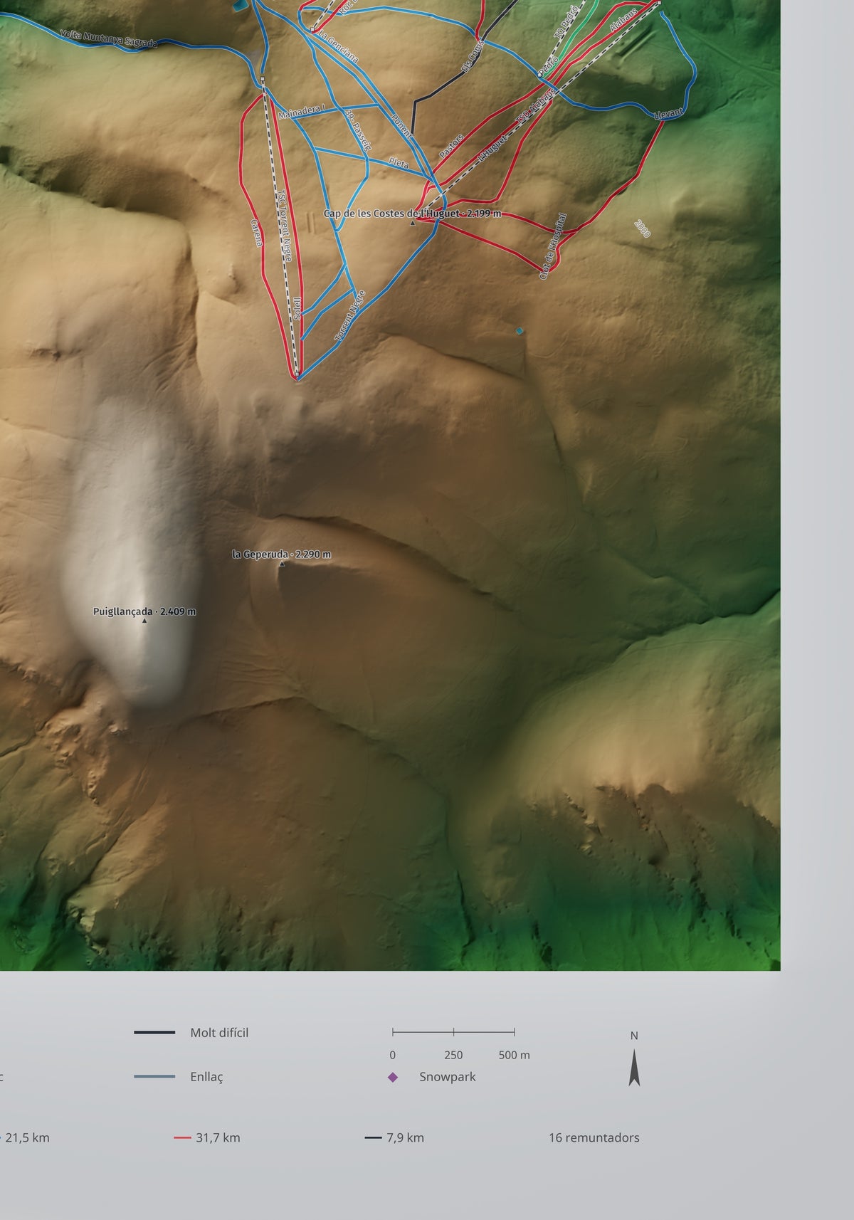 Mapa de pistes de La Molina · Clàssic · 70 × 100 cm. Detall del quadrant inferior dret.