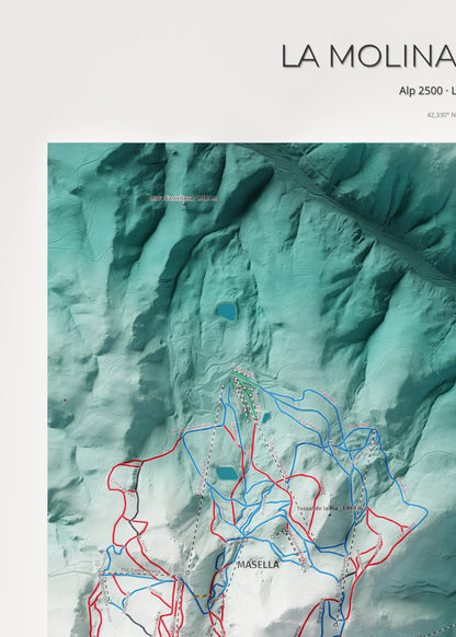 Mapa de pistes de La Molina · Masella · Alpina · 50 × 70 cm. Detall del quadrant superior esquerre.