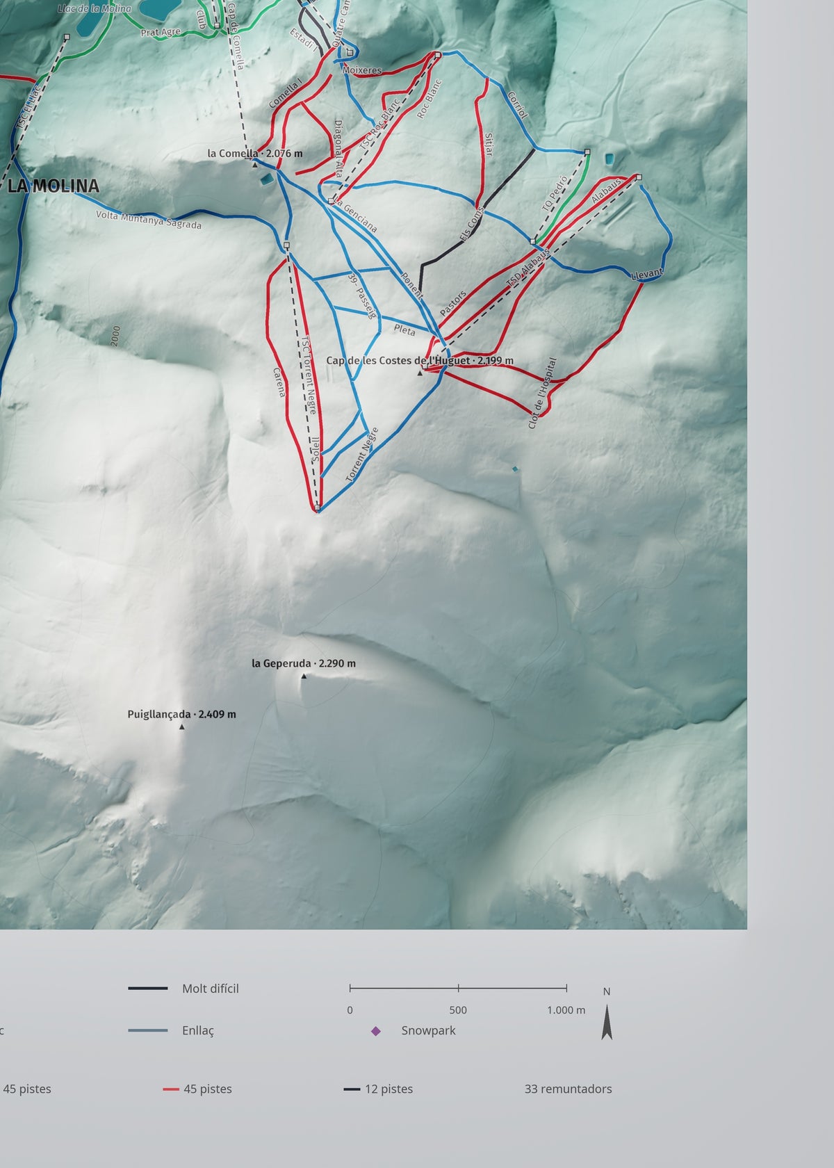 Mapa de pistes de La Molina · Masella · Alpina · 50 × 70 cm. Detall del quadrant inferior dret.