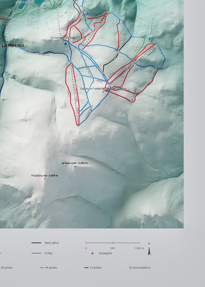 Mapa de pistes de La Molina · Masella · Alpina · 50 × 70 cm. Detall del quadrant inferior dret.