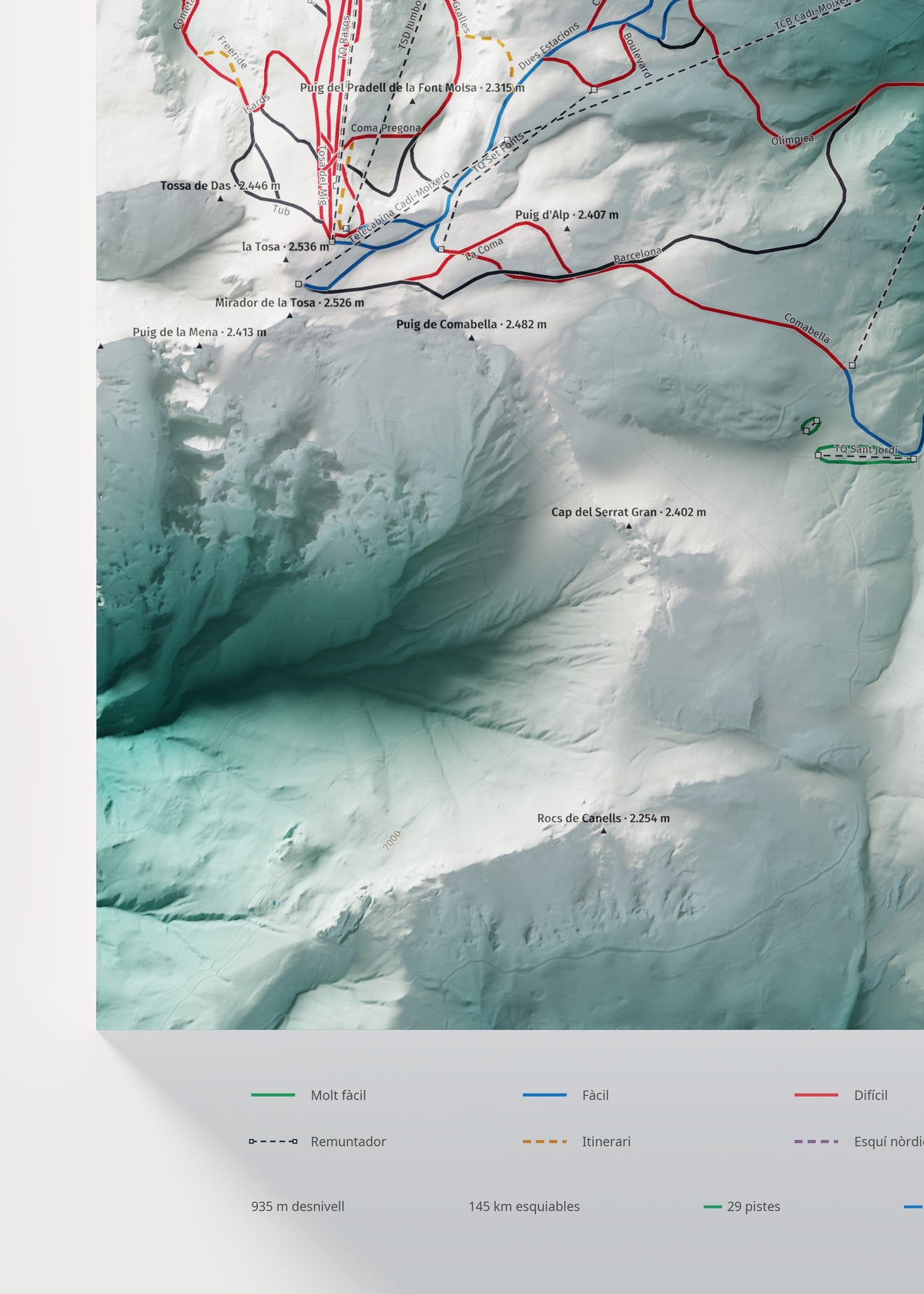 Mapa de pistes de La Molina · Masella · Alpina · 50 × 70 cm. Detall del quadrant inferior esquerre.