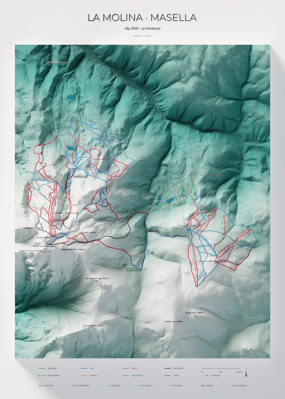 Mapa de pistes de La Molina · Masella · Alpina · 50 × 70 cm. Làmina sencera.