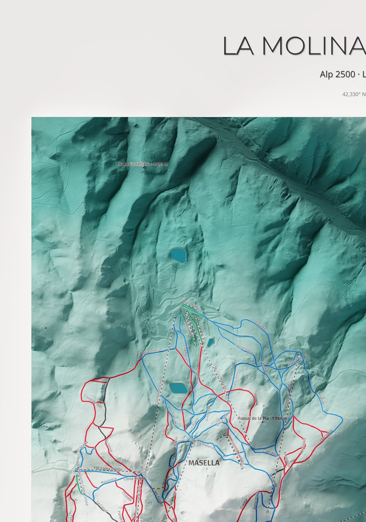 Mapa de pistes de La Molina · Masella · Alpina · 70 × 100 cm. Detall del quadrant superior esquerre.