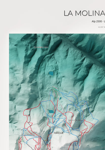 Mapa de pistes de La Molina · Masella · Alpina · 70 × 100 cm. Detall del quadrant superior esquerre.