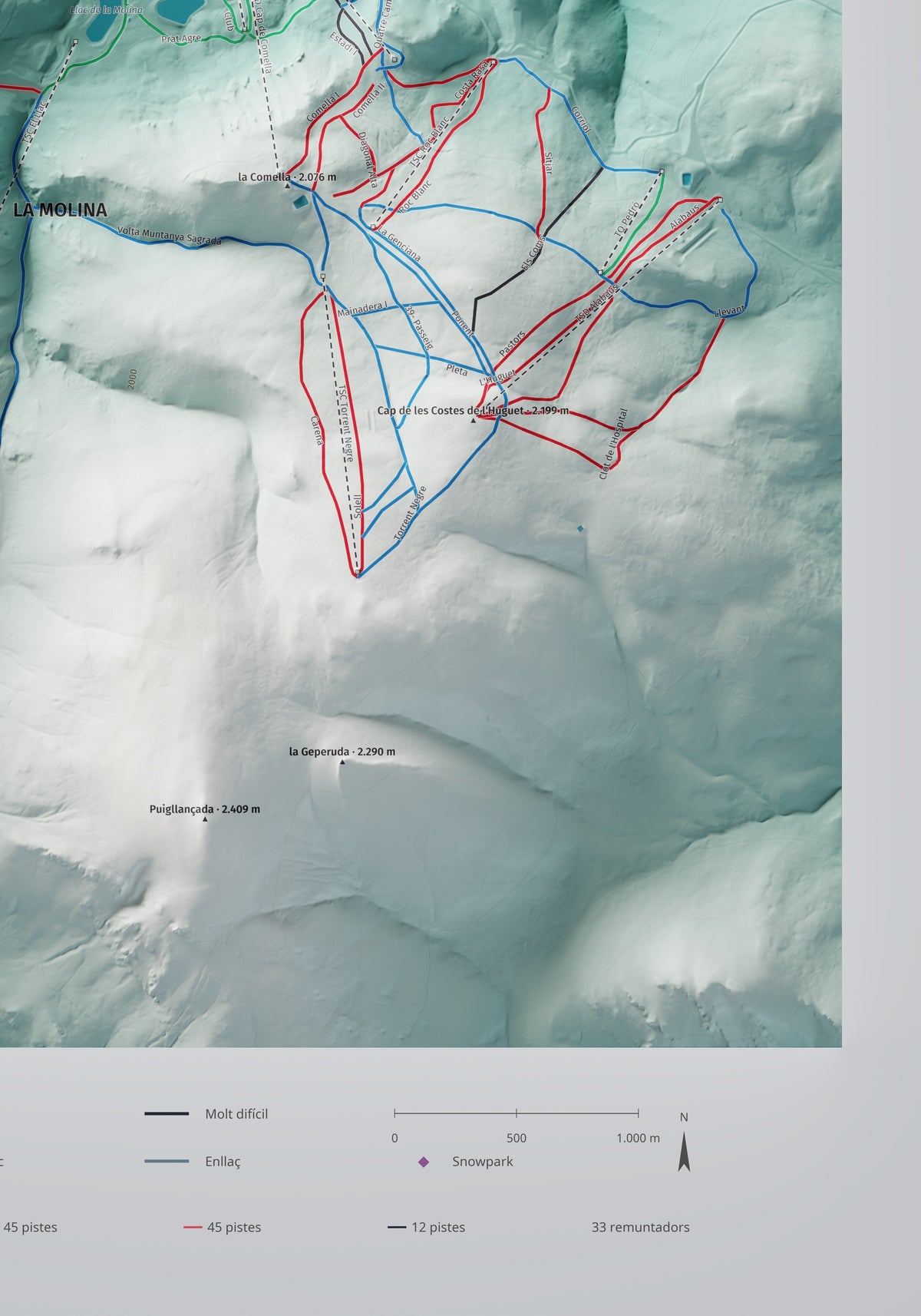 Mapa de pistes de La Molina · Masella · Alpina · 70 × 100 cm. Detall del quadrant inferior dret.