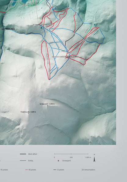 Mapa de pistes de La Molina · Masella · Alpina · 70 × 100 cm. Detall del quadrant inferior dret.