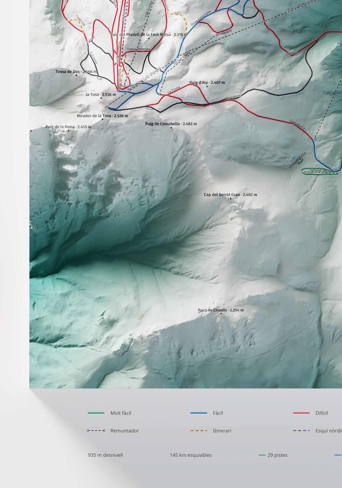 Mapa de pistes de La Molina · Masella · Alpina · 70 × 100 cm. Detall del quadrant inferior esquerre.