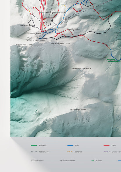 Mapa de pistes de La Molina · Masella · Alpina · 70 × 100 cm. Detall del quadrant inferior esquerre.