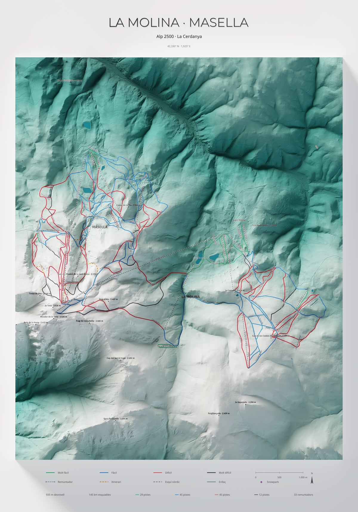 Mapa de pistes de La Molina · Masella · Alpina · 70 × 100 cm. Làmina sencera.