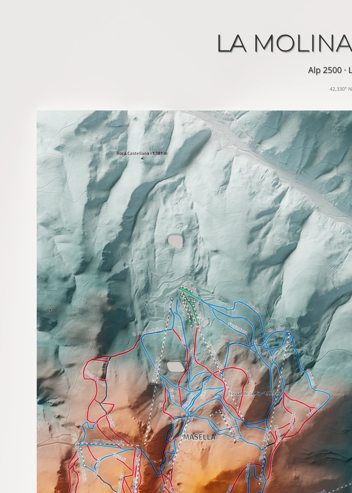 Mapa de pistes de La Molina · Masella · Contrastat · 50 × 70 cm. Detall del quadrant superior esquerre.