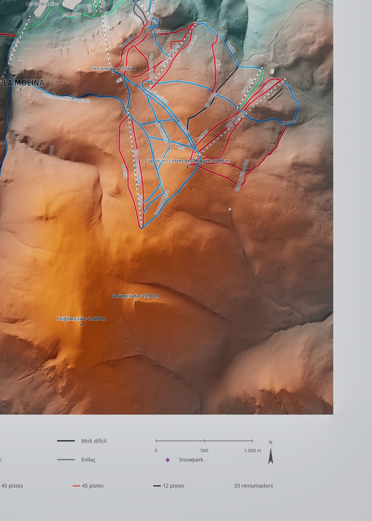 Mapa de pistes de La Molina · Masella · Contrastat · 50 × 70 cm. Detall del quadrant inferior dret.