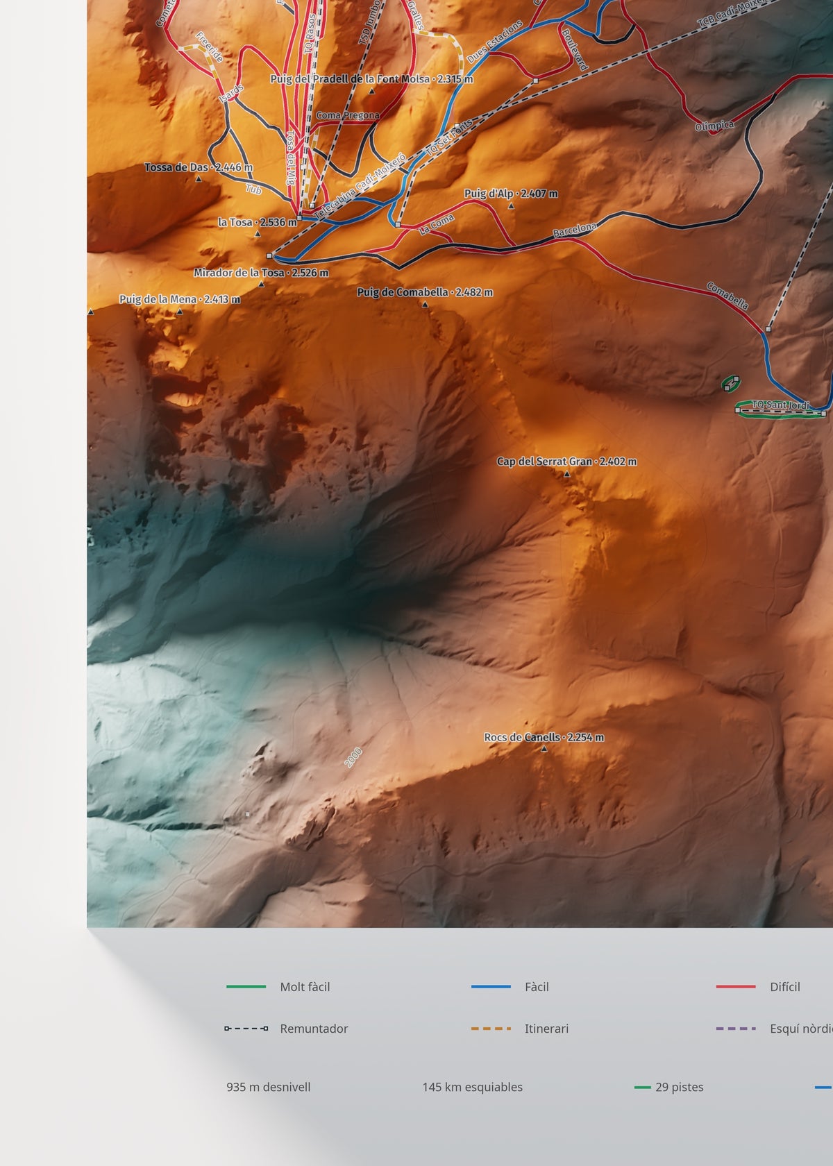Mapa de pistes de La Molina · Masella · Contrastat · 50 × 70 cm. Detall del quadrant inferior esquerre.