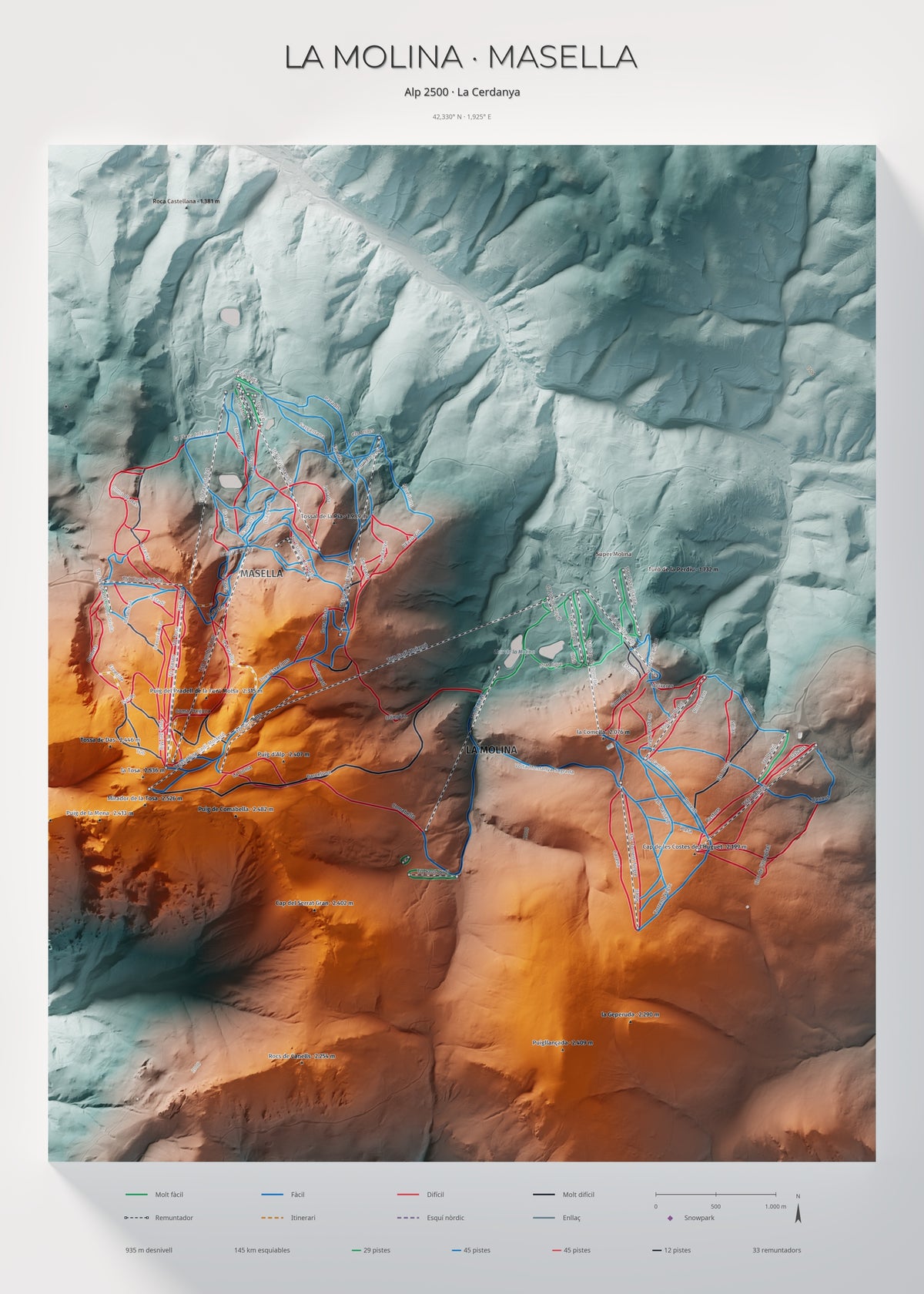 Mapa de pistes de La Molina · Masella · Contrastat · 50 × 70 cm. Làmina sencera.