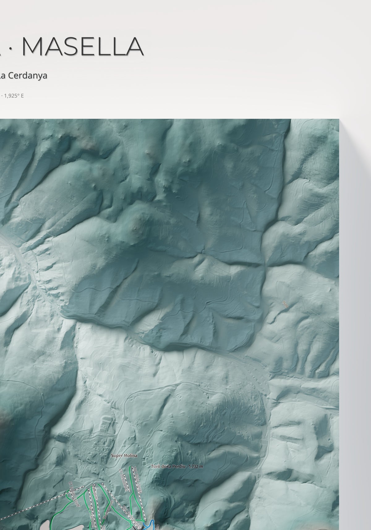 Mapa de pistes de La Molina · Masella · Contrastat · 70 × 100 cm. Detall del quadrant superior dret.