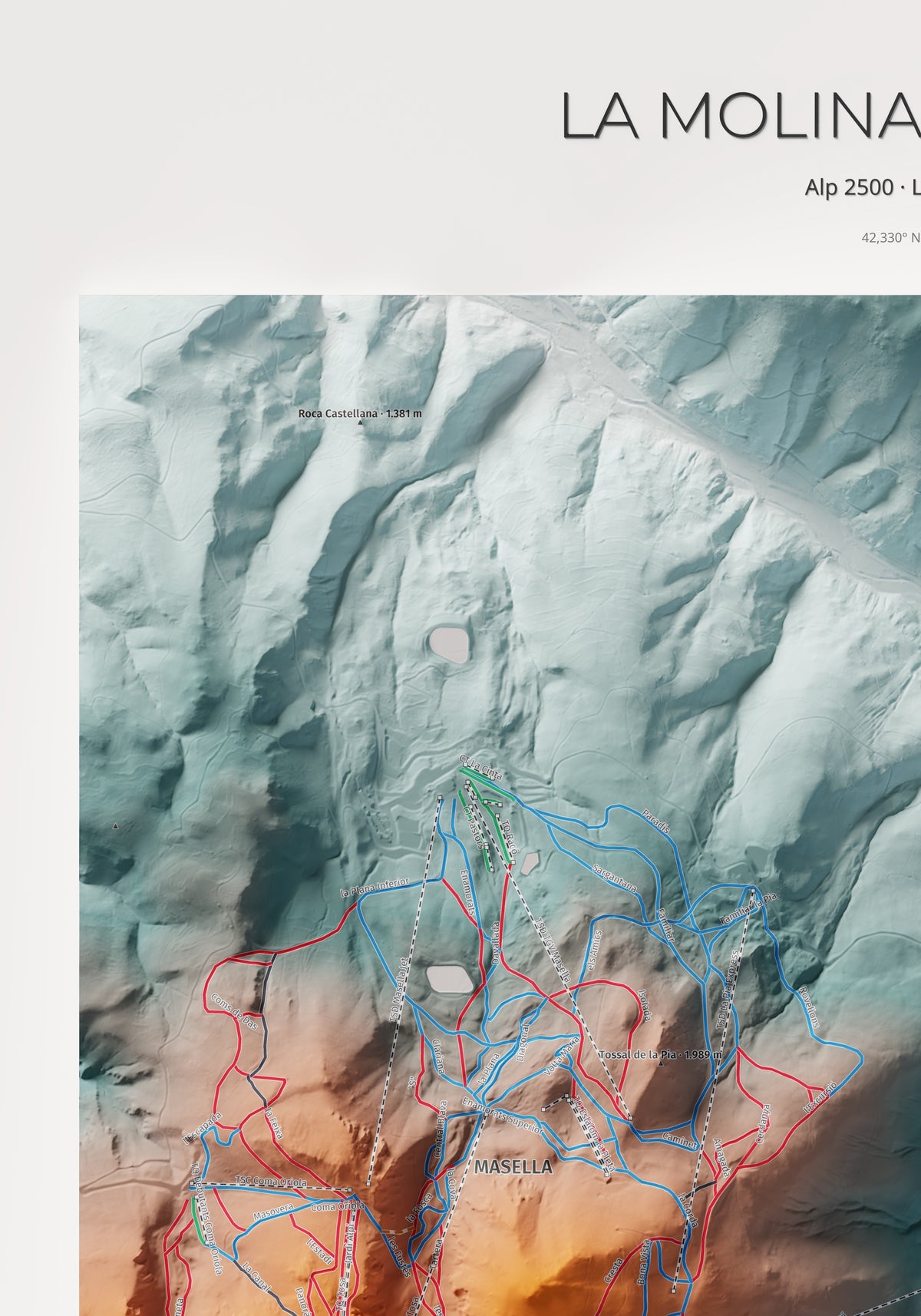 Mapa de pistes de La Molina · Masella · Contrastat · 70 × 100 cm. Detall del quadrant superior esquerre.