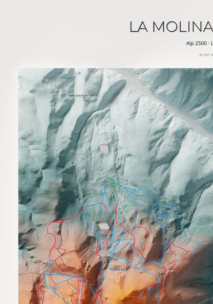 Mapa de pistes de La Molina · Masella · Contrastat · 70 × 100 cm. Detall del quadrant superior esquerre.