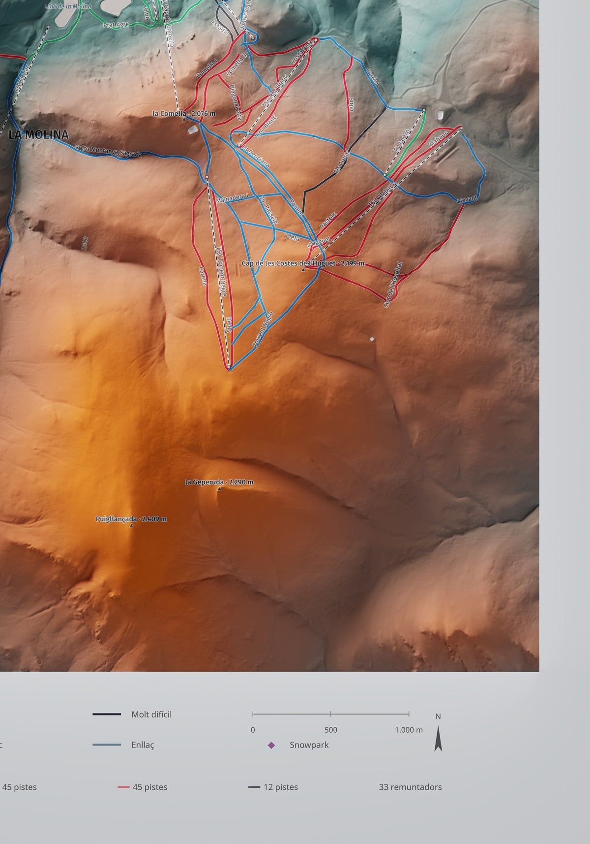 Mapa de pistes de La Molina · Masella · Contrastat · 70 × 100 cm. Detall del quadrant inferior dret.