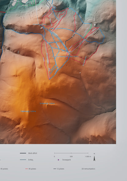 Mapa de pistes de La Molina · Masella · Contrastat · 70 × 100 cm. Detall del quadrant inferior dret.