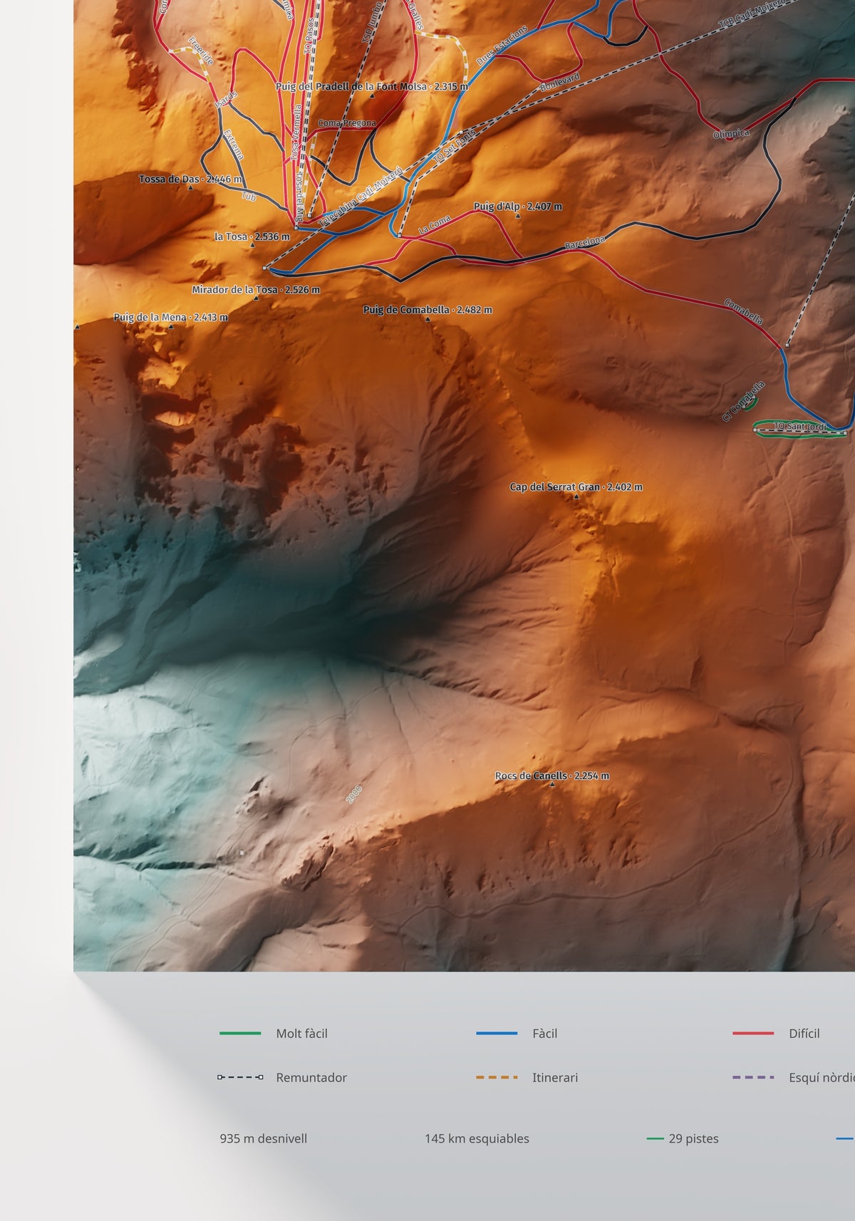 Mapa de pistes de La Molina · Masella · Contrastat · 70 × 100 cm. Detall del quadrant inferior esquerre.