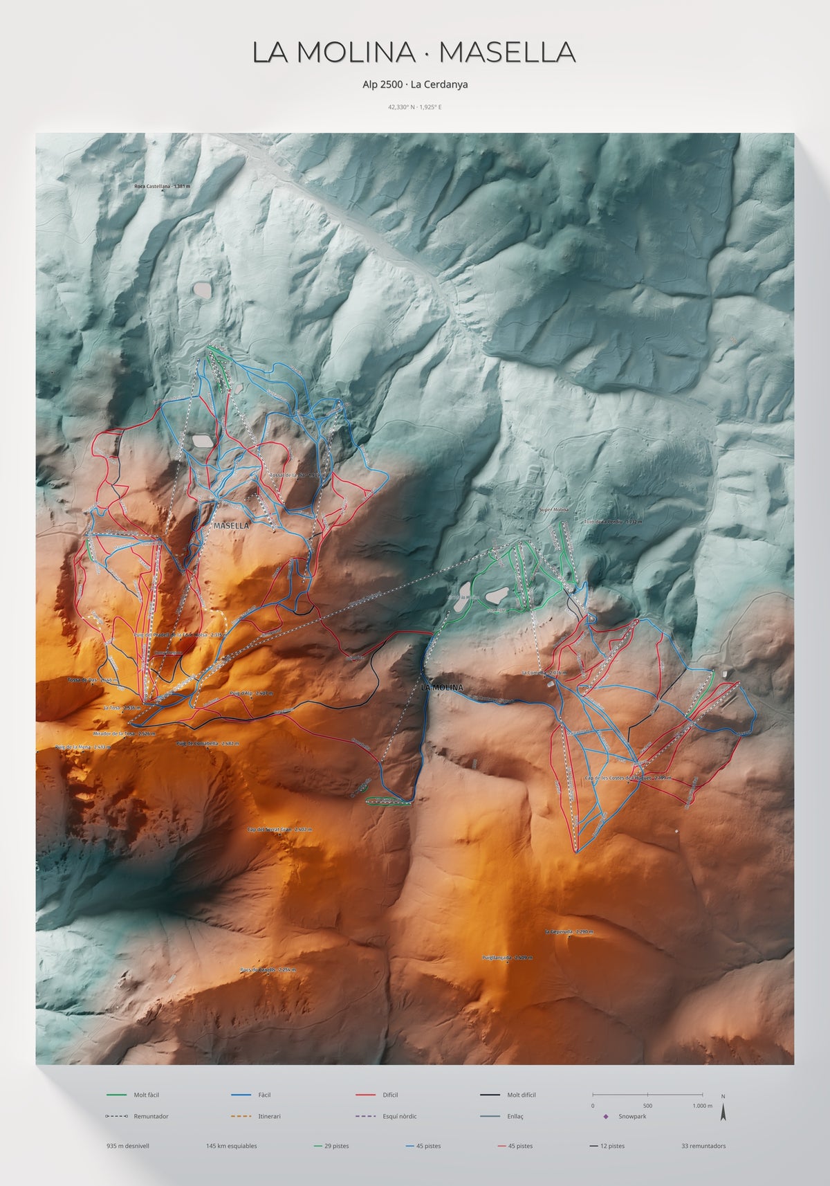 Mapa de pistes de La Molina · Masella · Contrastat · 70 × 100 cm. Làmina sencera.
